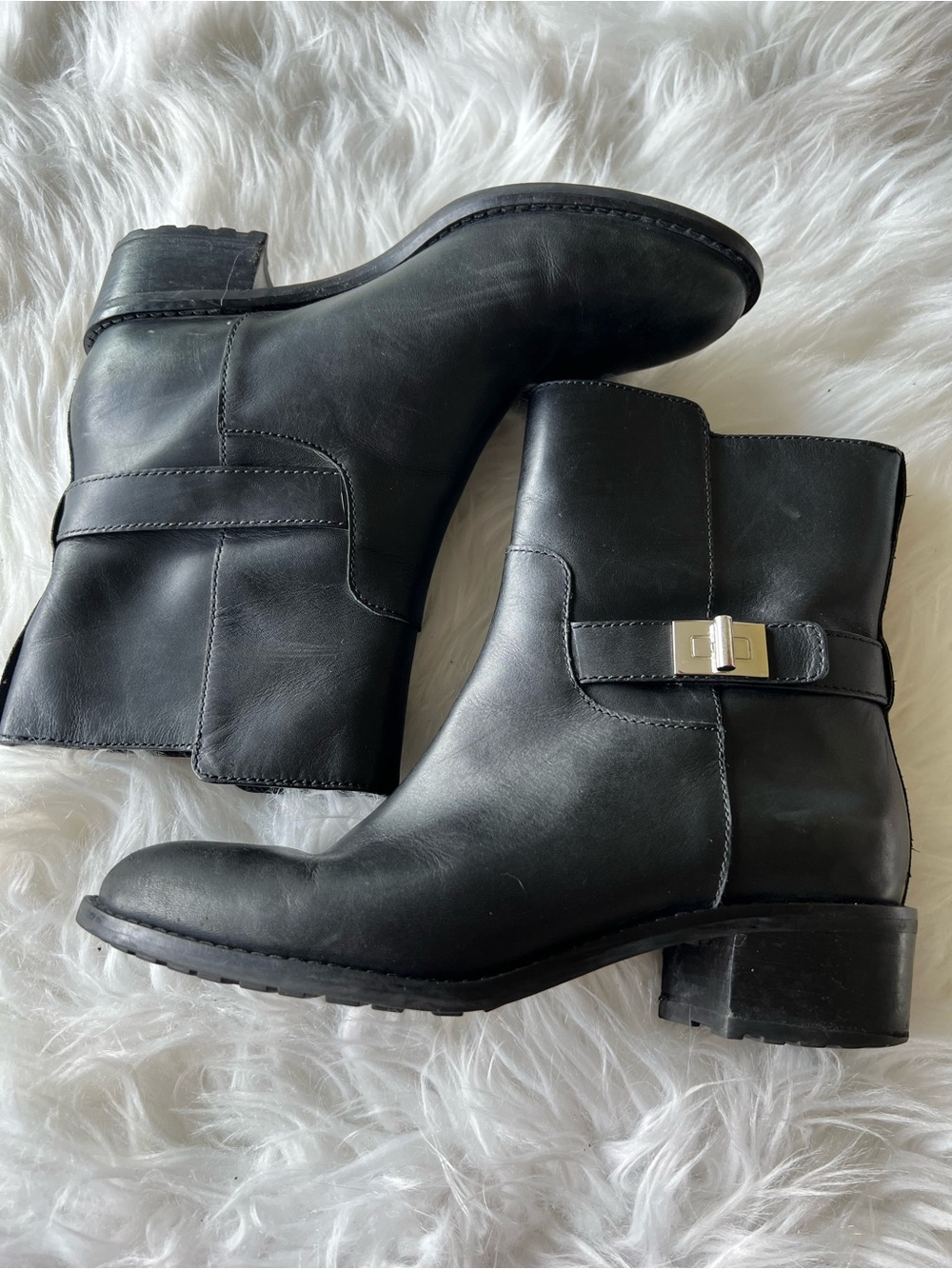 Cole Haan Black Leather Ankle Booties with Silver Buckle